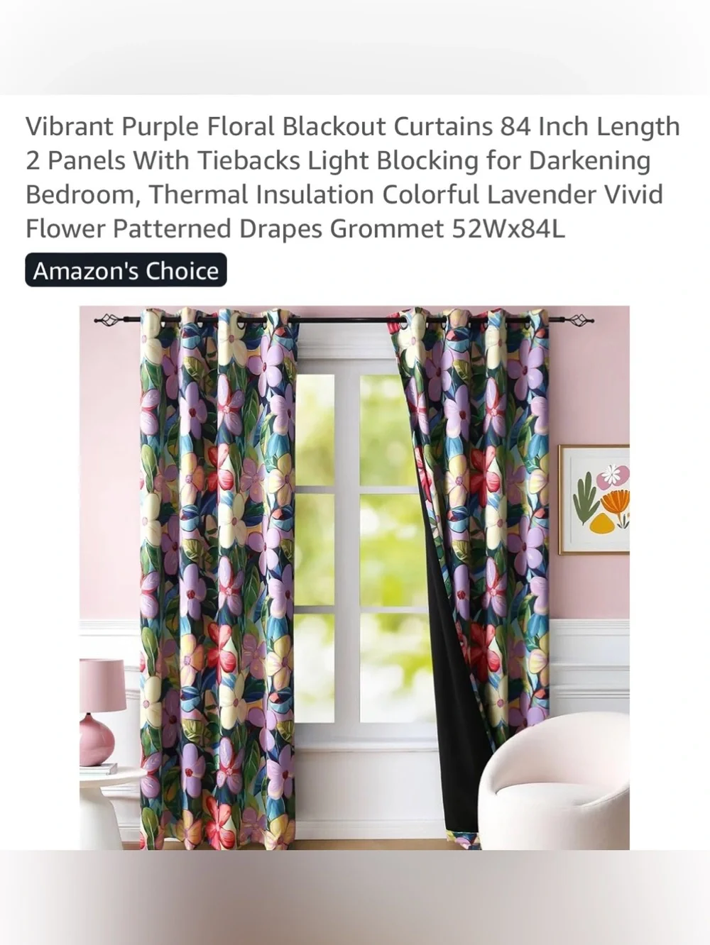 Floral Blackout Drapes in Purple and Multi-Color - Grommet Window Panels-